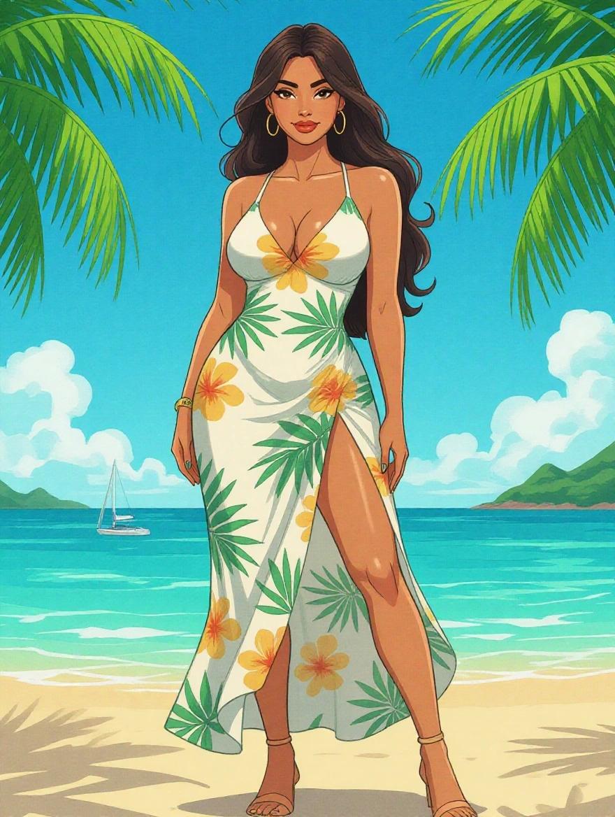 Illustration of a young woman with a voluptuous figure. She wears a light tropical dress. The dress has a floral design and shows her shape. She has glowing skin and long flowing hair. Background is a beach scene.