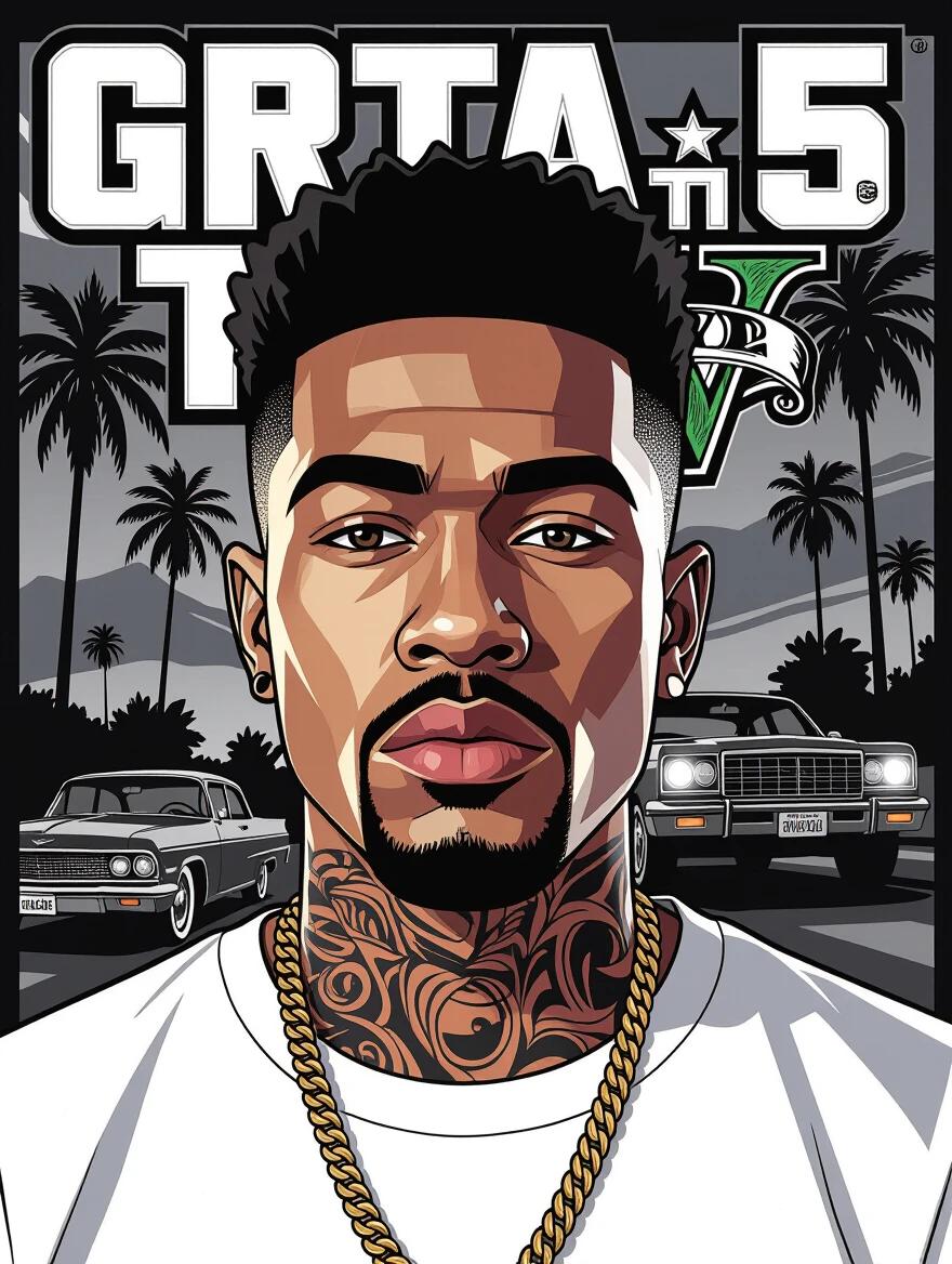 Create black and white sketch-style digital illustration inspired by GTA 5 artwork aesthetic featuring young Black man with Afro-Latino features shown from waist up. Character has rectangular face short clean-cut hair faded style thick well-defined eyebrows medium-sized narrowed eyes confident serious expression broad nose full lips thin mustache dark tattoo on neck thick gold chain over tattoo dark cap with upward tilted brim white logo black fitted T-shirt. Focus on precise linework clean sketch lines light shading in natural shadow areas minimal background.