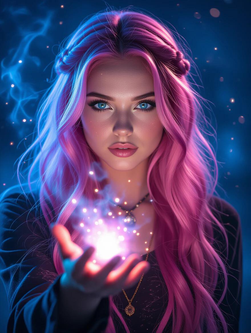 A woman with long pink hair and blue ends casts magic spells at night. She extends her hand with glowing sparkles and smoke surrounding her. The scene is enchanting and mystical.