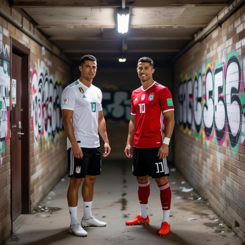 Photo of two soccer players standing in a dimly lit urban basement. Background features colorful graffiti on the walls. Players wearing contrasting soccer kits, one in white and one in red. The scene is captured with a spontaneous and candid style. Lighting creates a sense of motion and chaos.