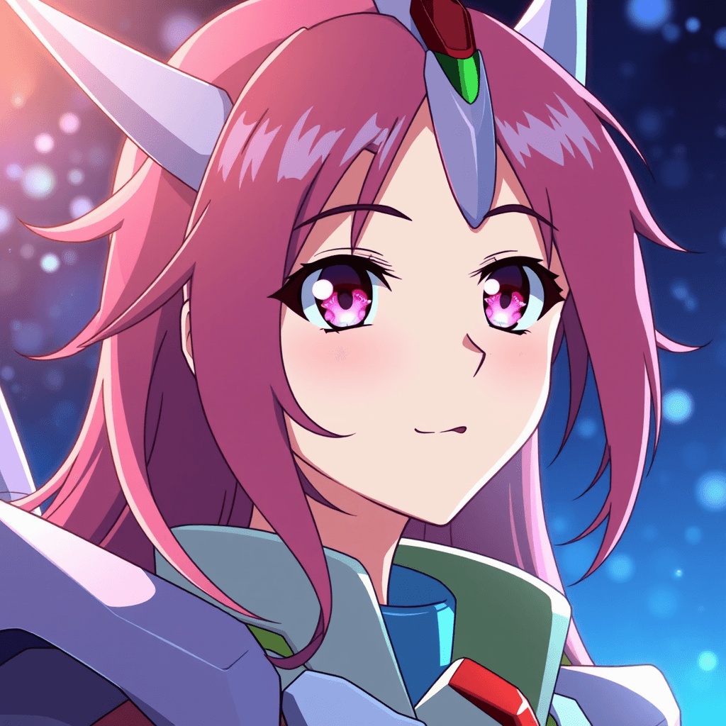 An anime character with pink hair and vibrant eyes, wearing a futuristic armor and a diadem, gazes thoughtfully into the distance against a starry background.