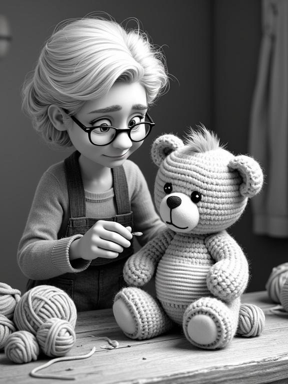 An elderly grandmother sews a patch on a crochet teddy bear. Child watches worriedly. Teddy bear has a bandage on its head. Yarn balls are scattered. Style is Pixar, black and white.