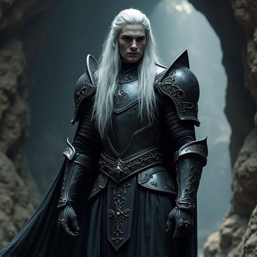 Dark elf paladin named Alovar depicted with long silver hair. Wears ornate dark plate armor. Stands in a dimly lit cave environment.
