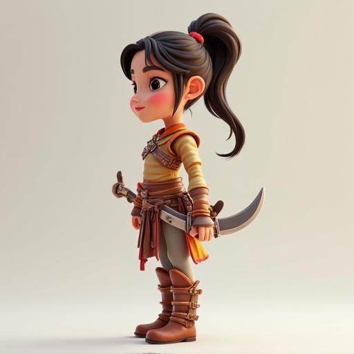 Stylized 3D character of a young girl depicted as a warrior in side view with a sword and warrior clothing.
