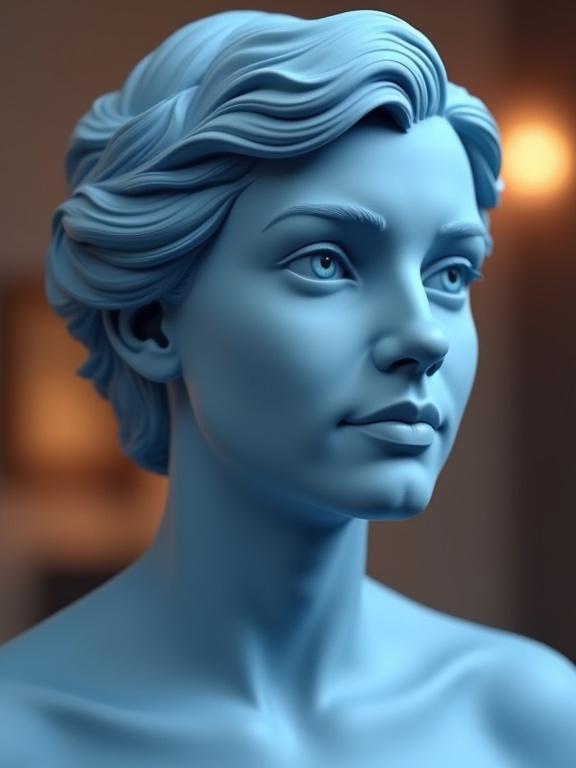 Portrait transformed into blue-toned 3D sculpture resembling soft clay or sandstone statue. Features are realistic, calm, and serene. Hair sculpted naturally from the same material. Soft lighting with blurred warm background for contrast. Museum-quality artistic bust.