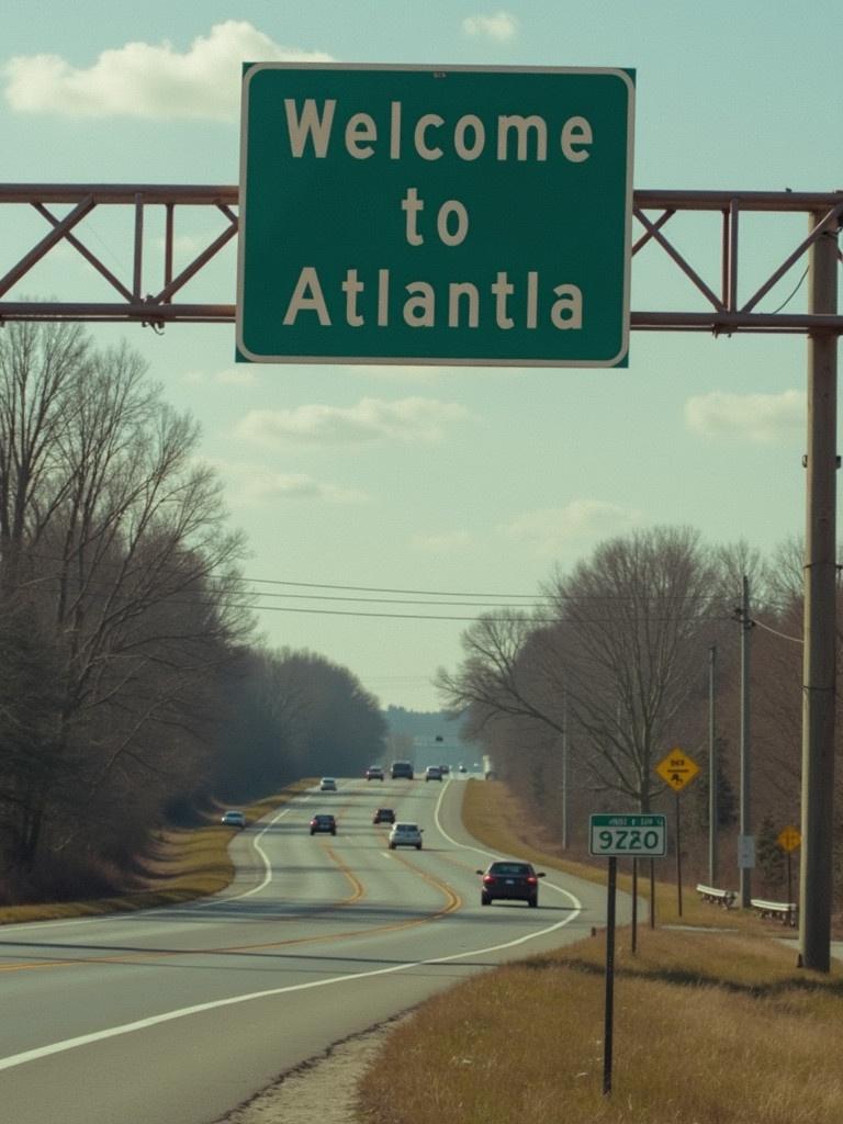 A road sign that says welcome to Atlanta. Cars driving on a highway with clear sky. Green sign with white text. Background of trees and road.