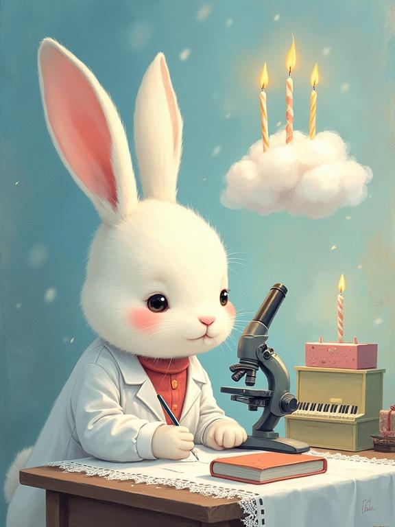 A snow-white rabbit dressed in a tiny lab coat writes notes under a microscope. The desk is draped with lace. A floating grand piano made of clouds sits beside. Birthday candles emit a warm pastel light.