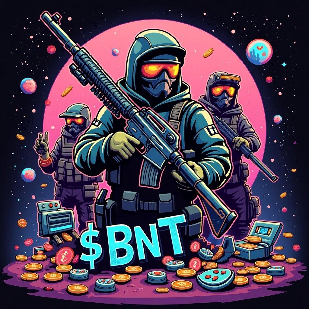 Nostalgic theme based on Black Ops 2. Illustrates a vibrant scene with characters in tactical gear holding weapons. Features the '$BNT' logo prominently. Background filled with coins and gaming elements. Combines elements of gaming culture and cryptocurrency.