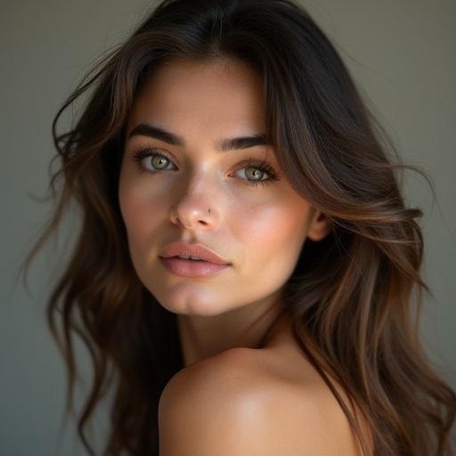 Portrait of an attractive woman with captivating green eyes and natural beauty. Hair is wavy and falls gently around her shoulders. Lighting is soft and highlights her features.