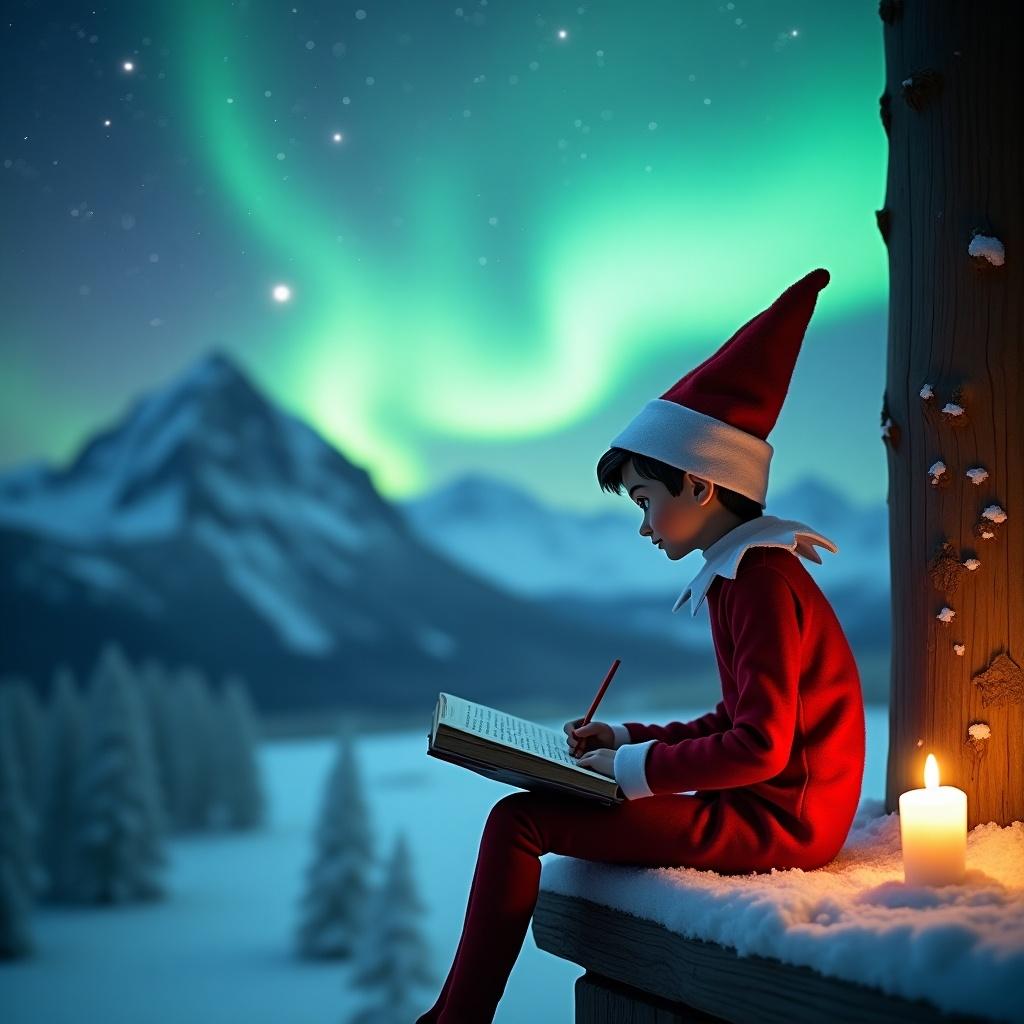 The image depicts an elf, dressed in traditional red and white, sitting on a snowy ledge while writing in a book. The background showcases a breathtaking view of mountains and the mesmerizing northern lights illuminating the night sky. The elf is positioned on the right side of the picture, creating a sense of whimsy and curiosity. Soft candlelight casts a warm glow, adding to the magical atmosphere. This scene embodies the spirit of Christmas and the enchanting traditions that come with it, inviting viewers to experience holiday magic with the word ‘Ava’ in the sky.