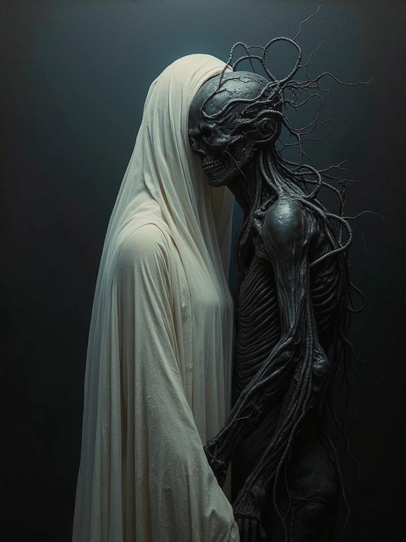 Surreal oil painting on canvas. Translucent androgynous figure draped in a veil. Dark biomechanical entity with ribbed tubes. Background fades into blackness. Single cold spotlight illuminates figure. Dark and ethereal tones. Capturing a haunting union.