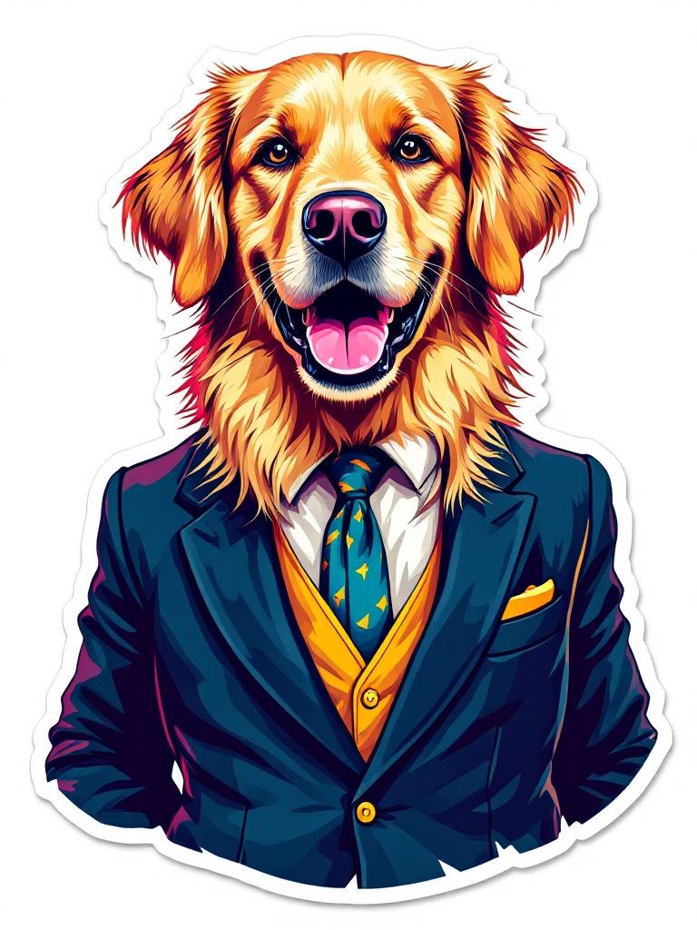 A humanoid Golden Retriever stands in a tailored business suit. The character wears a happy expression while holding a smartphone. The background is plain white, enhancing the character's features. The style is cartoonish with contour detail and vibrant tertiary colors used in the illustration.