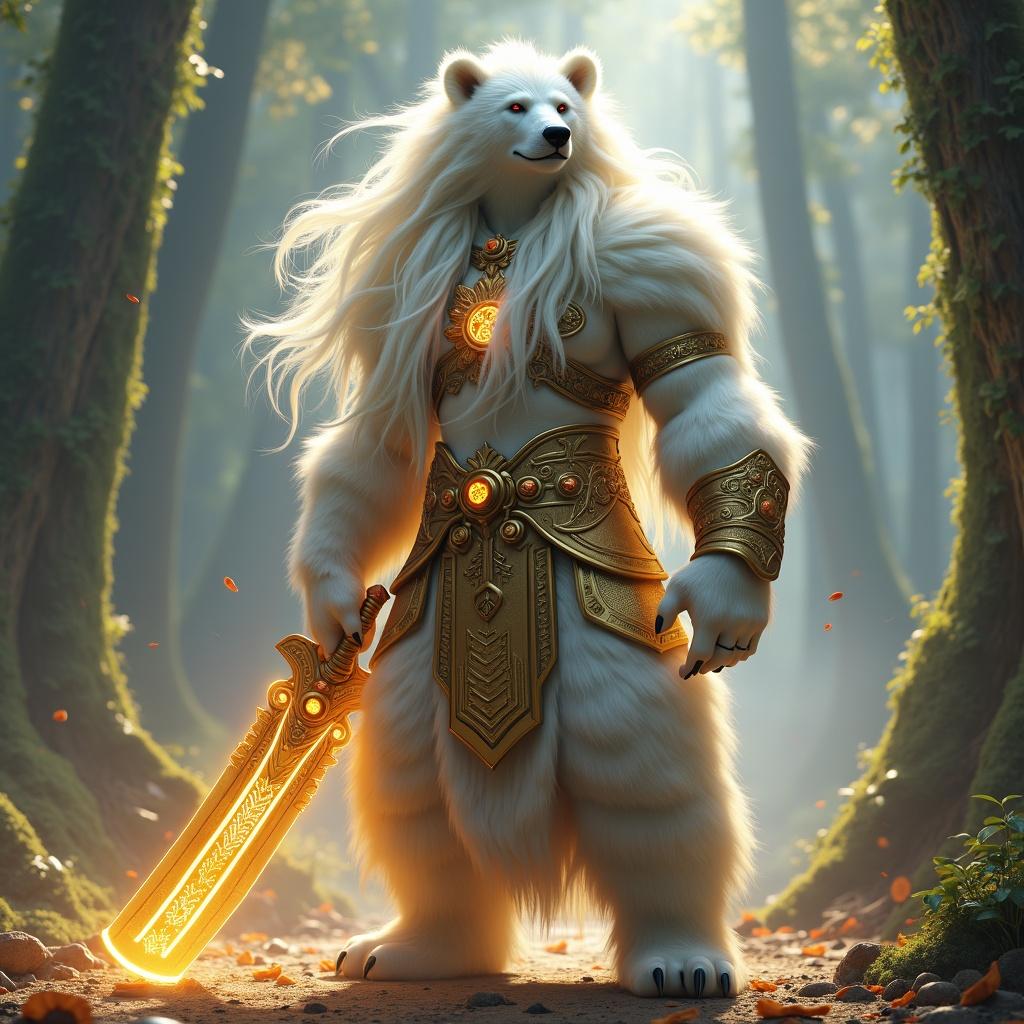 A legendary hybrid goddess with the head of a white bear. Long white hair and thick bear fur. Intricate golden outfit resembling divine armor. Adorned with glowing symbols. Wields a massive sword with a glowing blade. Commanding stance in a mystical forest. Ultra-high definition rendering. Epic perspective.