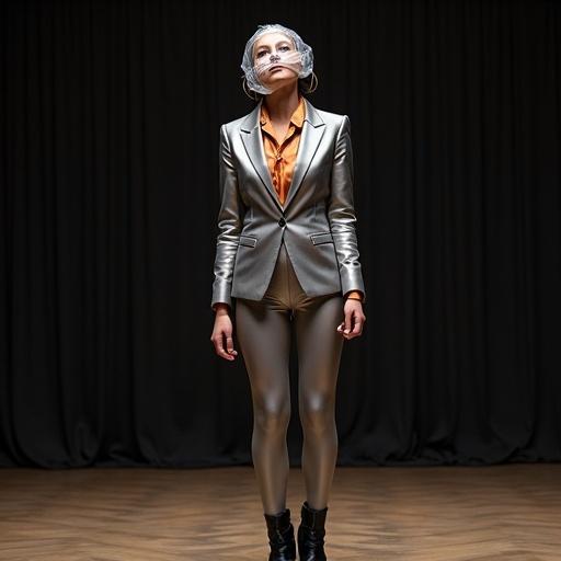 Ultra realistic photograph of a woman standing with hands tied and taped. Plastic bag covers head restricting breathing. She wears a grey metallic satin business suit, grey latex tie, orange satin shirt, metallic leggings, and black ankle boots. Scene set in a television show studio with audience laughter.