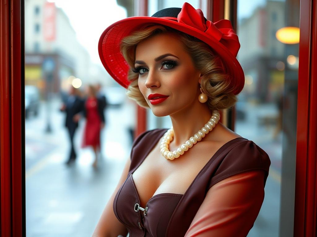 This image captures a woman dressed in vintage style standing by a window. She wears a striking red hat adorned with a ribbon and a matching outfit complemented by a pearl necklace. Her makeup is bold, highlighting her eyes and red lipstick, set against an elegant backdrop of a soft-focus street scene, adding an air of timeless sophistication.