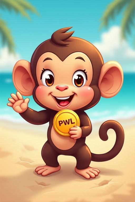 Cute baby monkey styled as an animated character. Character holds a coin with PWL. Beach surroundings enhance the playful vibe.