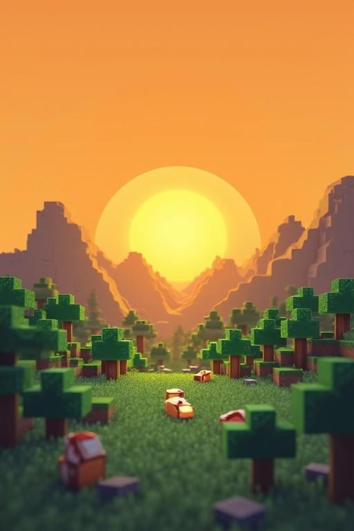 Logo design for Minecraft server named Breadland. Features pixelated bread and 3D landscape with mountains and trees. Bright orange sunset fills the background. Blocky characters interact within the environment.