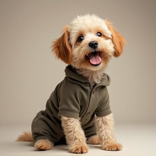 A dog wearing a stylish outfit. The dog appears joyful and is posed against a neutral background. It has a fluffy coat and is dressed in a cute costume.