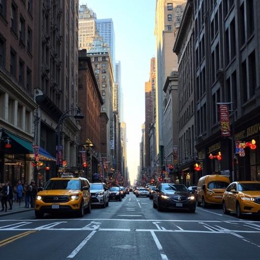 Street view of New York showcasing busy roads and yellow taxis during the day.