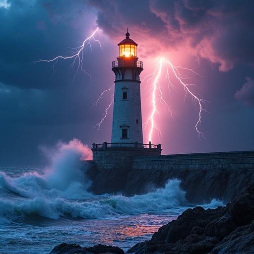 Close-up of an epic lighthouse surrounded by colorful lighting in a massive lightning storm featuring funnel clouds and huge crashing waves with vibrant dark colors and sparks from lightning strikes.