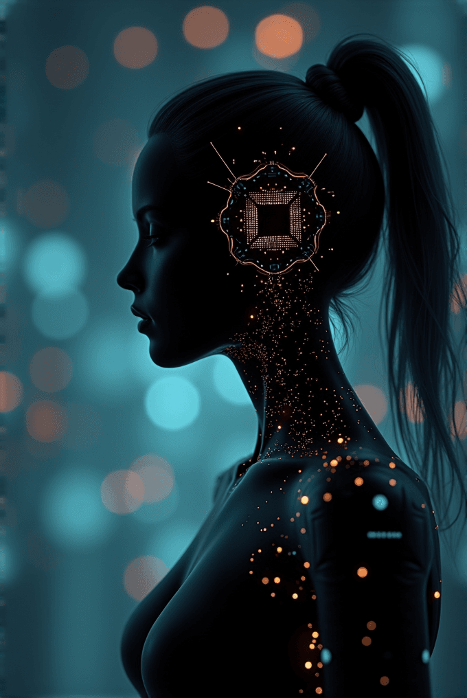 A digital artwork depicting a silhouette of a human-like figure with an illuminated circuit-like structure on the head and neck, against a backdrop of glowing bokeh lights.