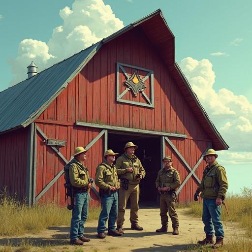 A group of five ham radio operators stand in front of a red hip roof barn. Characters appear nerdy with unique outfits. Each holds a pitchfork and a walkie talkie. The scene captures a lighthearted sci-fi cartoon style. Bright colors fill the image showcasing a vibrant atmosphere.