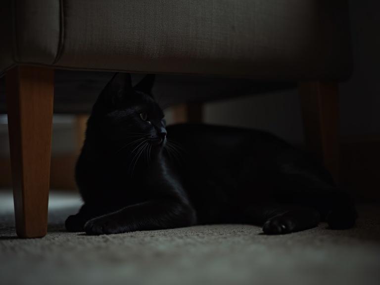 A black cat is lying under a chair. The setting is softly lit with volumetric light creating a peaceful ambiance. The cat appears relaxed and content.