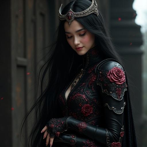 A beautiful young woman with long black hair. She wears black gothic armor with crimson embroidery. A crescent moon crown rests on her head. Nervous demeanor with head bowed. Fingers fidgeting at her waist. Soft flawless skin and shy smile. Magical particles surround her in a dark throne room. Soft moonlight illuminates her. Hyper-realistic details in expression and body language.