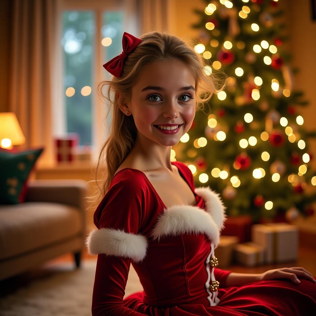 A young girl named Isabella is celebrating Christmas in a festive setting. She wears a beautiful red dress with white fur trim, radiating joy and excitement. The background features a decorated Christmas tree with soft golden lights, creating a warm ambiance. Isabella's hair is styled with a red bow, adding to her charming appearance. This scene captures the essence of childhood joy during the holiday season, making it perfect for festive promotions and greetings.