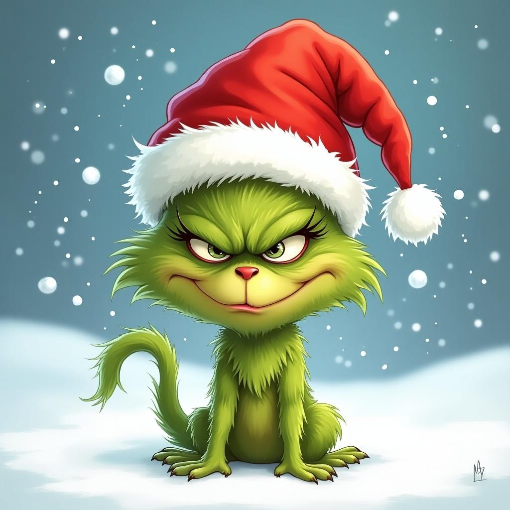 Baby Grinch with a Santa hat, snowy background, cheerful expression, cartoonish style.