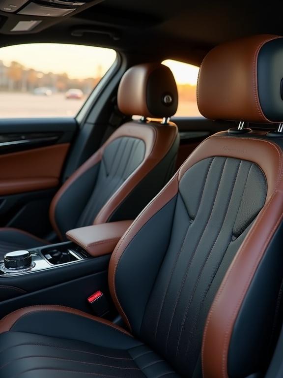 Inside view of a high-end vehicle featuring luxury upholstery. Focus on the leather seats with black and brown tones. Highlights of quality craftsmanship in vehicle design.