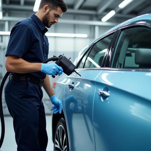 A person using a spray gun to detail a car in a garage. The person is in uniform and wearing gloves. The car is light blue with a sleek design. The space is illuminated with bright lights.