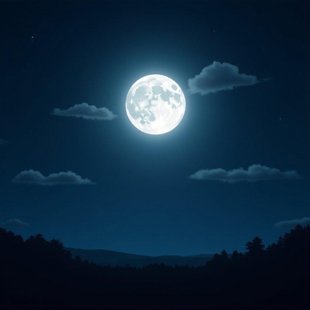 Bright full moon in a dark sky. Soft light over the landscape. Fluffy clouds nearby. Silhouettes of trees on the horizon. Evokes calm and wonder at night.