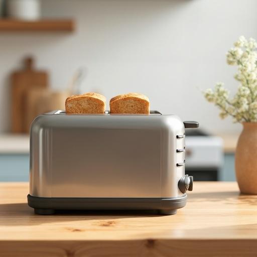 Modern toaster on wooden kitchen table or countertop. Sleek polished design with visible slots for bread and simple controls. Minimalistic background softly blurred. Photorealistic and sharp image capturing textures and details.