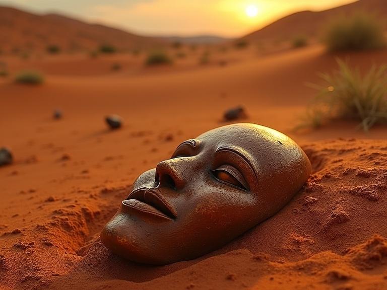 Realistic terracotta mask inspired by Nok civilization lying on the ground in golden light. Background features an African desert and partially buried ancient iron tools. Dramatic text above: 'LOST CIVILIZATION?'. Photorealistic style with archaeological ambiance, strong shadows, and red earth colors.