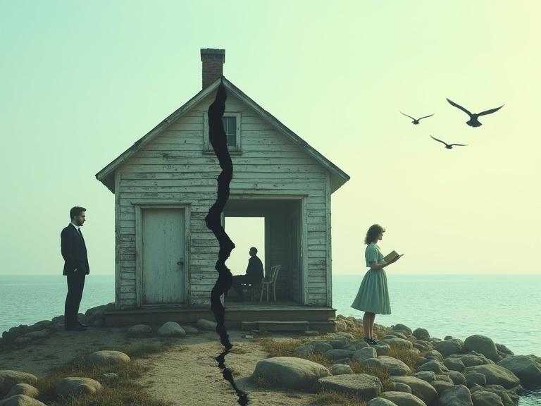 Surreal digital artwork showcases a cracked house representing a broken relationship. A transparent man in a suit stands left; a vintage-dressed woman is on the right by the water. Inside the house, another man reads. The scene captures themes of loss and separation.