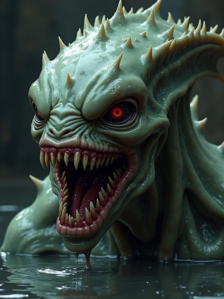 Highly detailed horror illustration featuring grotesque alien monster. Large mouth full of sharp teeth. Single dark eye. Spiky protrusions on wet fleshy body. Monster emerging from dark liquid. Background is dark and blurry.