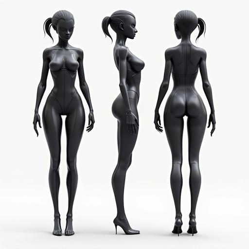 3D image reference of a feminine arachne character. The model is in an A-pose. It has an hourglass shape and a stylized body. Displayed with front, side, and back views. Created with octane render in an anime style on a character datasheet.