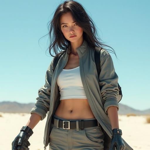 Female in military style. Short grey jacket worn over a white t-shirt. Grey pants and boots. Female has dark long hair. Scene set in a sunny white desert. Model engages with an obstacle course. Emphasis on shadows and textures.