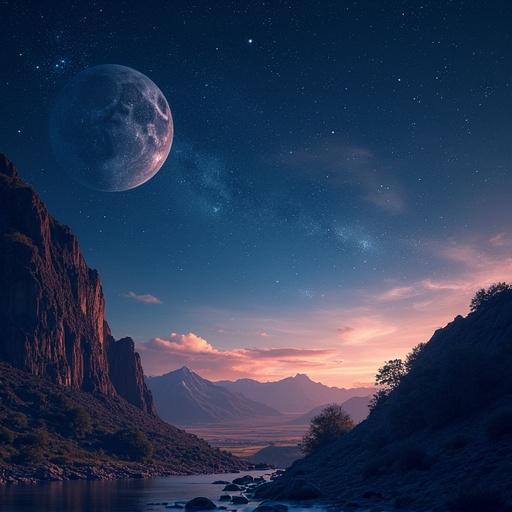 A serene space-themed background is needed for a school yearbook. The image features a large moon in a starry sky over a calm river surrounded by mountains. Soft colors are applied throughout to avoid bright elements. A transparent overlay is suggested for harmony with photos.