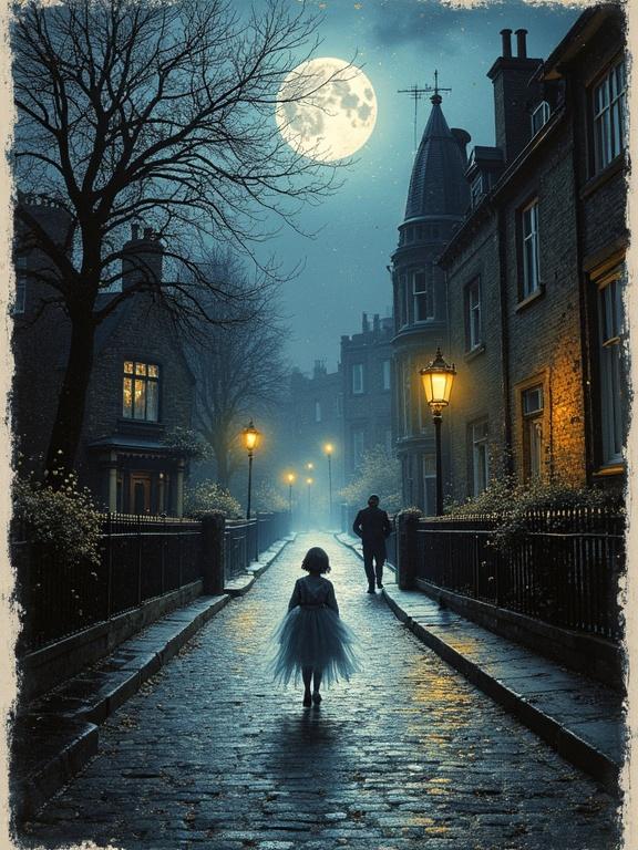 Vintage Victorian black and white photograph of a London street at night with an eerie atmosphere. Features a spectral chimney sweep and a ghostly child made of mist walking. Dark colors with a spooky vibe. White frame surrounds the image.