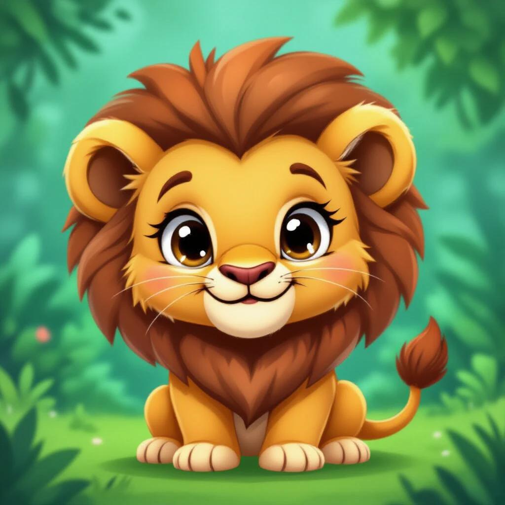 Illustrate a friendly cartoon lion character. Lion appears cute and inviting. Lion has big expressive eyes and a fluffy mane. Background is vibrant and nature-inspired. Emphasize joyful and cheerful character traits