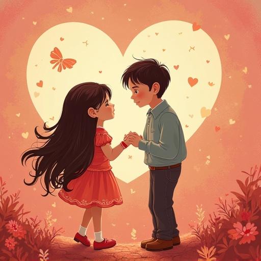 Two young children stand facing each other. They hold hands. A large heart is in the background. The scene conveys a sense of innocence and affection. The color palette features warm hues. The overall illustration has a whimsical style.