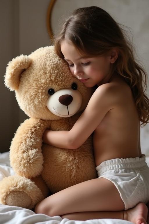A young girl cuddles a large teddy bear in a cozy indoor setting. The girl looks content and peaceful. She wears a simple white diaper. The teddy bear is fluffy and large. Soft natural light fills the room, accentuating the warmth and comfort of the scene.