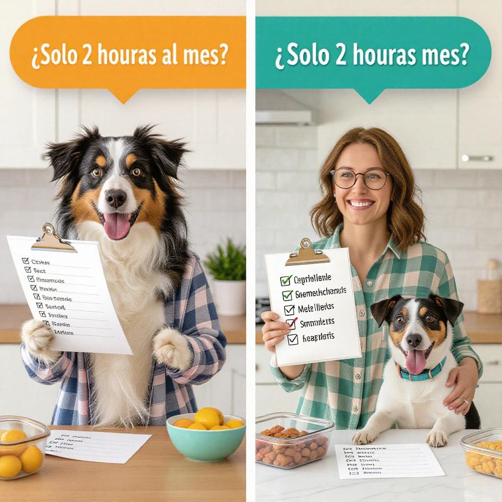 A split-screen image showing a dog owner in a messy kitchen on the left looking confused with a long list. The right side shows the same person smiling in an organized kitchen with labeled containers and a happy dog.