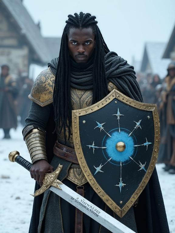 Photorealistic representation of a muscular man with long dreadlocks,dark skin, and glowing blue eyes. He wears brass armor and a black cloak. He holds a shield with a blue circle and white stars. A silver sword engraved with 'Light of Cassander' is gripped in his hand. The setting is a frozen medieval village.