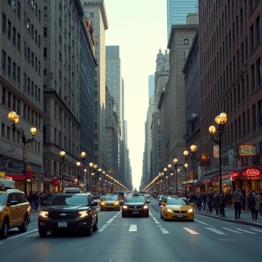 New York street scene features buildings traffic and people in hyperrealistic cinematic style