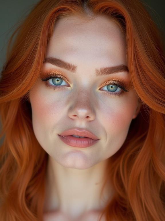 Close-up portrait of a ginger model with vibrant copper eyeshadow and striking blue eyes. Model has a smooth complexion and full lips