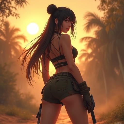 Mid shot of an anime woman with long dark hair styled in space buns. She has a confident look, wearing a corset top and shorts with a tactical belt and brown jungle boots. The scene is set in a dusty jungle village at sunset. The woman is crouched down, facing away but glancing back over her shoulder. The artwork is photorealistic, depicting a fantasy 3D render style.