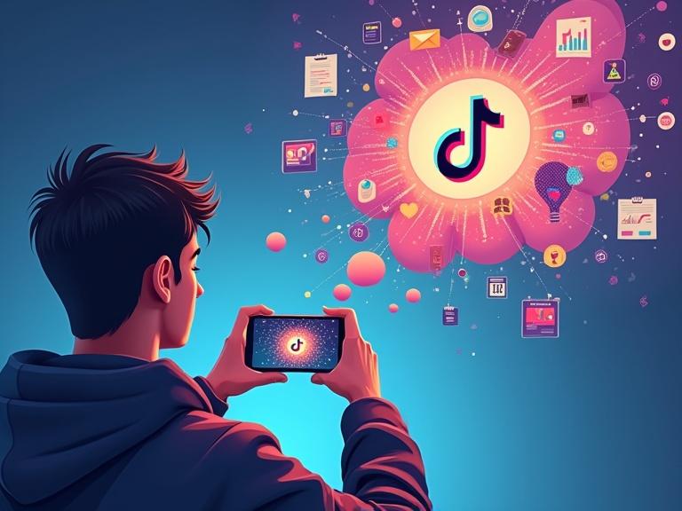 Dynamic split-level scene. Creator filming TikTok video on phone. Digital product impact visualized in thought bubble. Floating elements like eBook pages templates metrics. Curiosity learning satisfaction. Trending sounds hashtags text overlays. Engaging content drives interest.